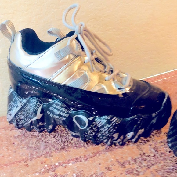 ANTHONY WANG PLATFORM SNEAKERS BLACK AND SILVER EXCELLENT CONDITION - Picture 2 of 12